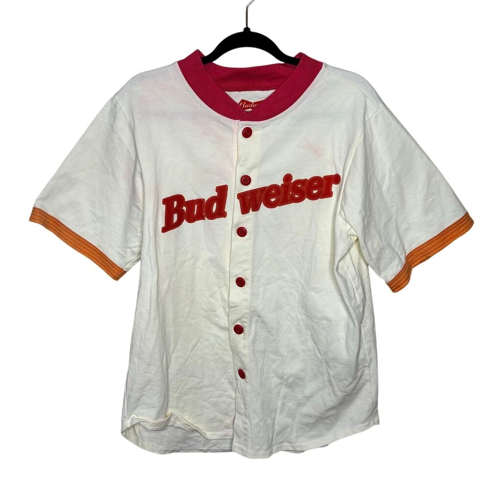 Budweiser White Red Button Up Baseball Short Sleeve Top Cotton USA Men Large L